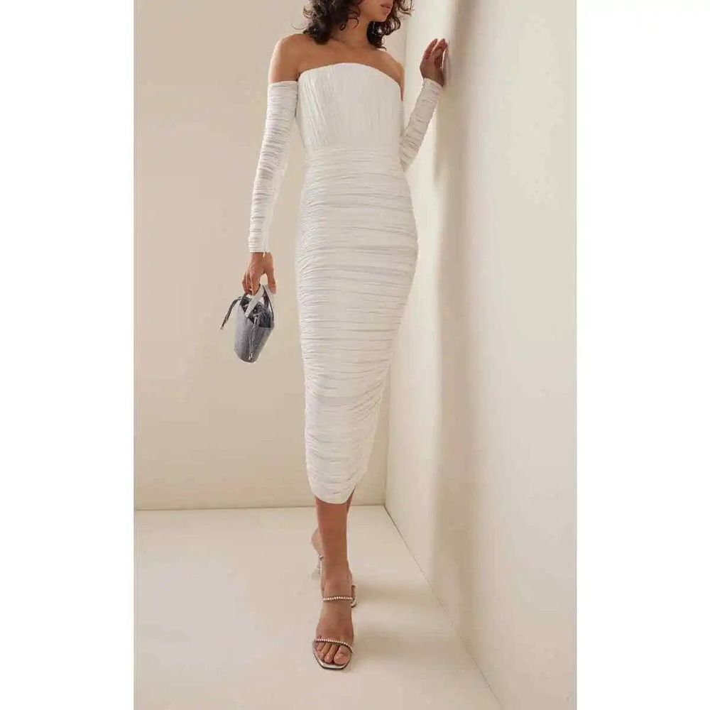 ALEX PERRY Sterling Ruched Long Sleeve Off Shoulder Dress AU14/US10